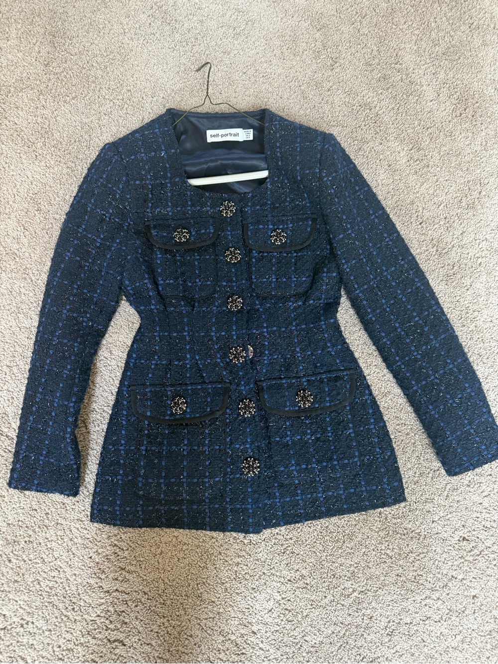 Self-Portrait Navy Tweed Button-Front Jacket Dress